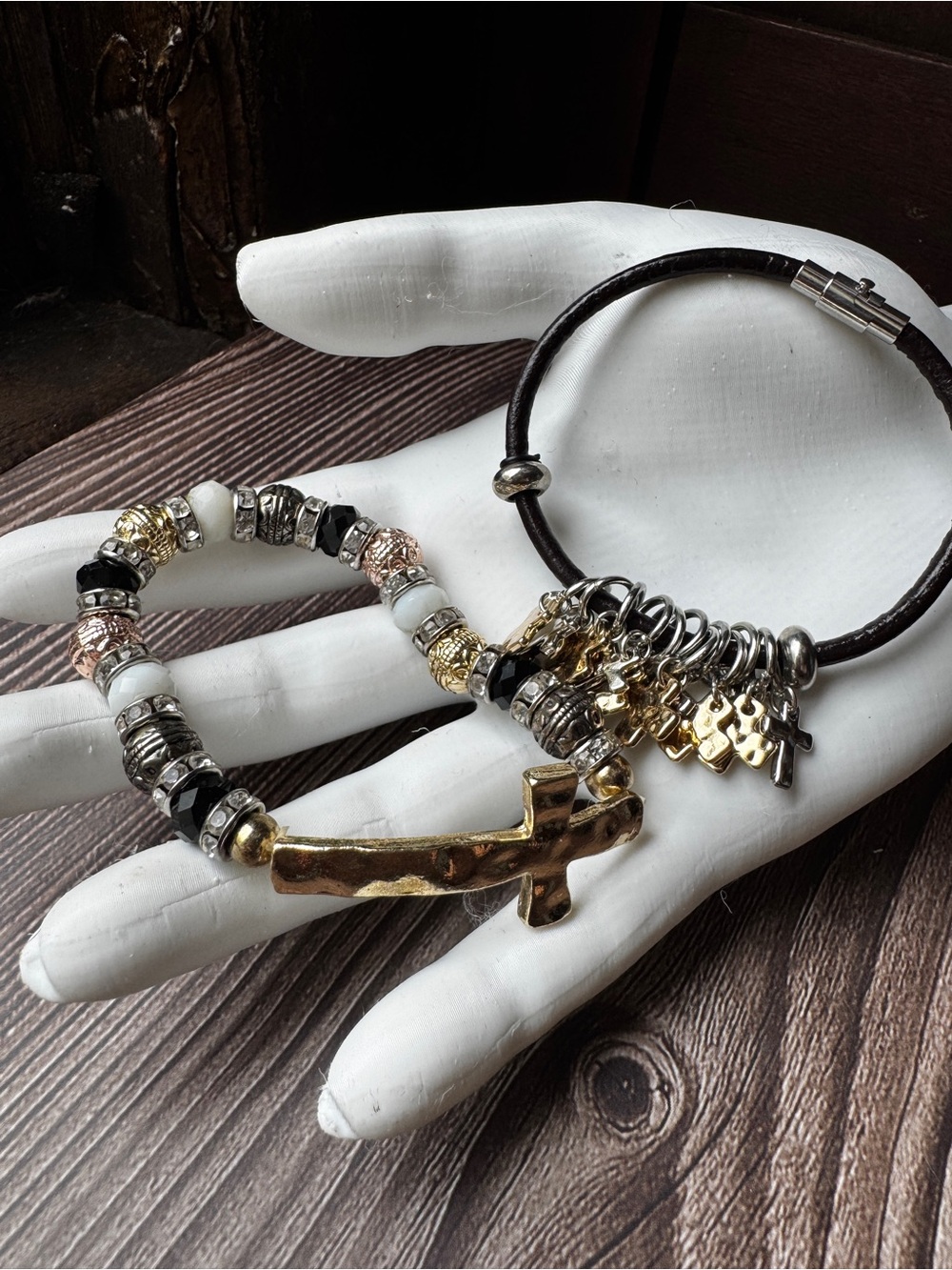 Gold Cross Bead Bracelet bundle with Mixed Metal Accents - Women Jewelry